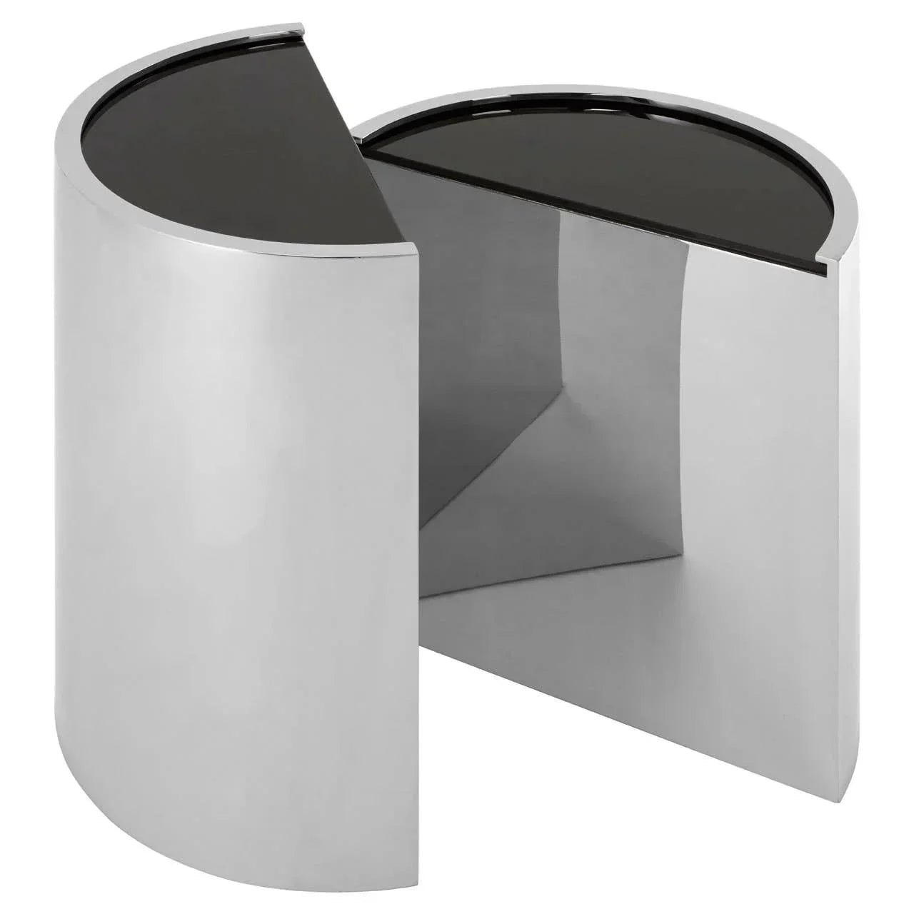Stainless steel half moon side table with black glass top, modern design, angled view