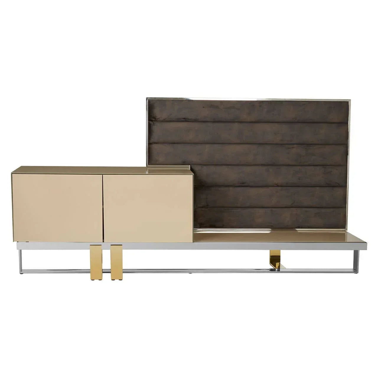 Modern TV unit with beige storage cabinets, wood paneled backdrop, and chrome metal base