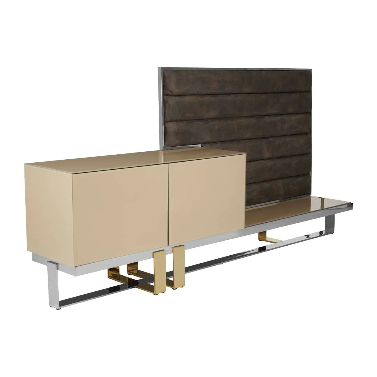 Modern TV unit with beige cabinets, chrome base, and dark padded panel backboard