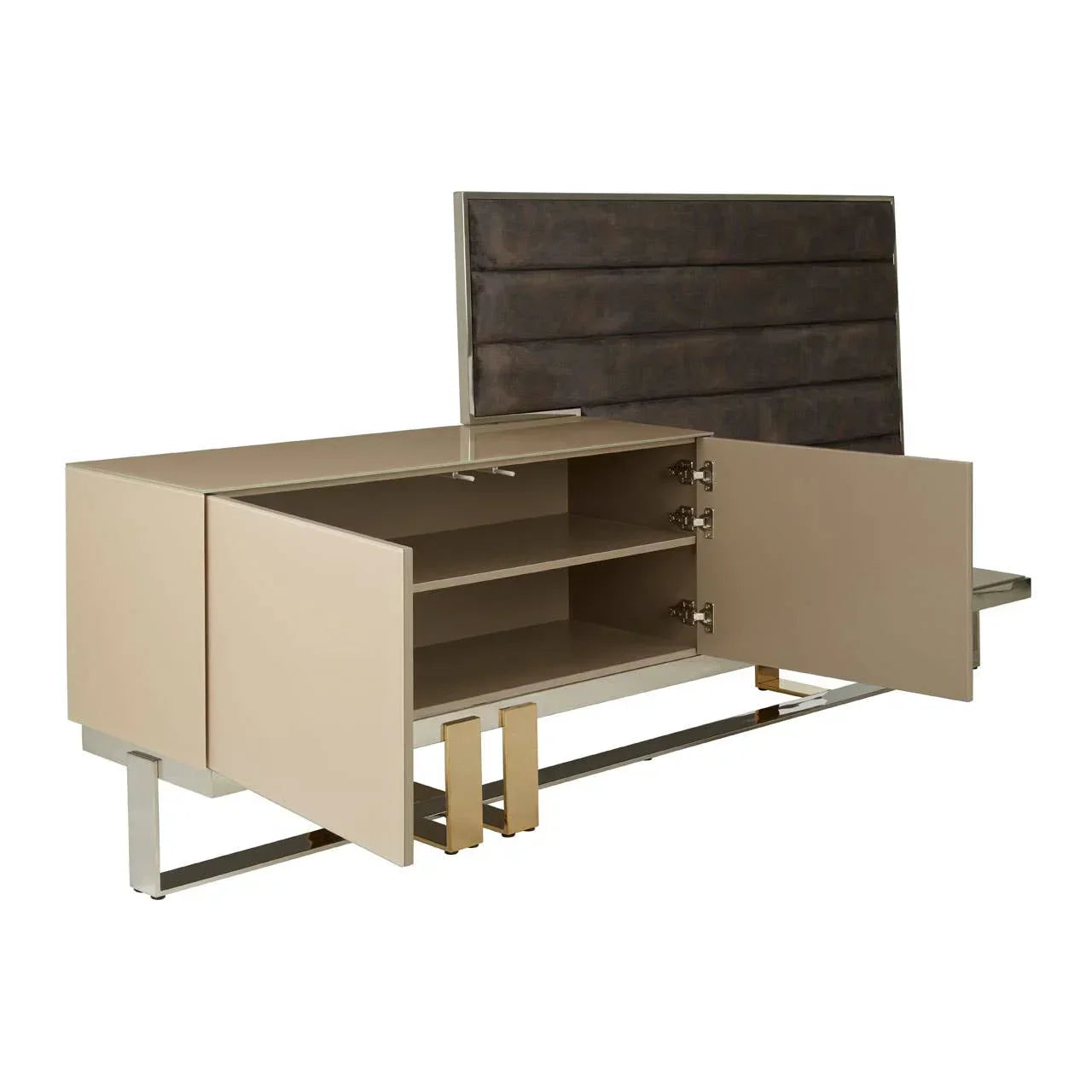 Modern beige storage bench with padded backrest, open cupboard doors, and chrome legs