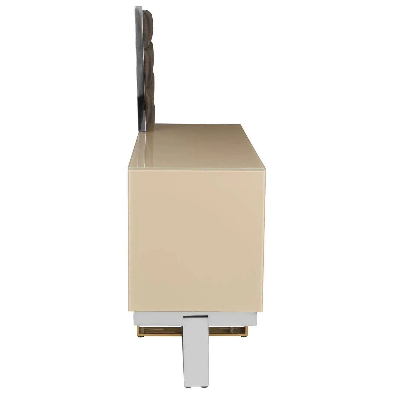 Side view of beige high gloss sideboard with chrome base and textured door panel