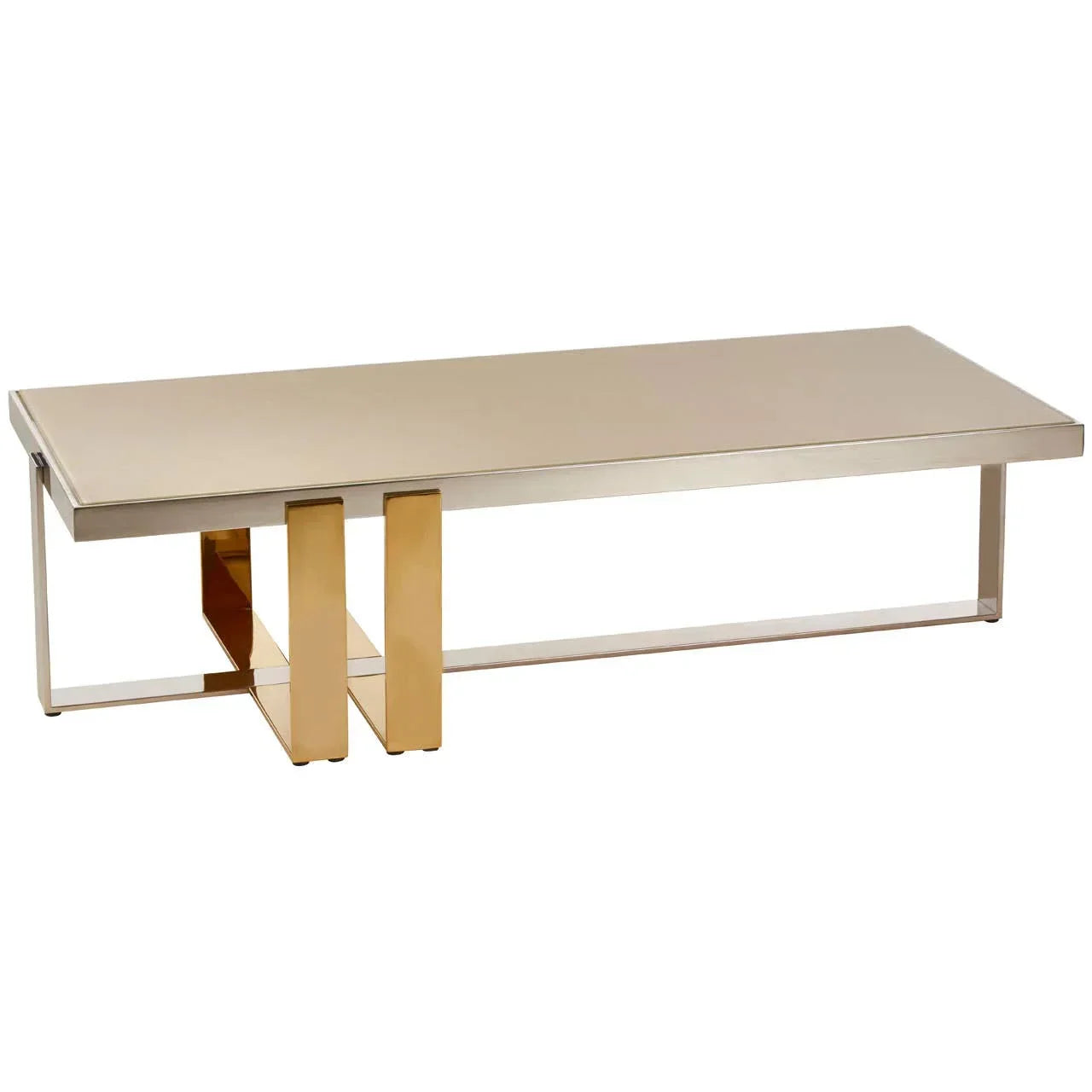 Rectangular coffee table with gold and silver metal legs on white background