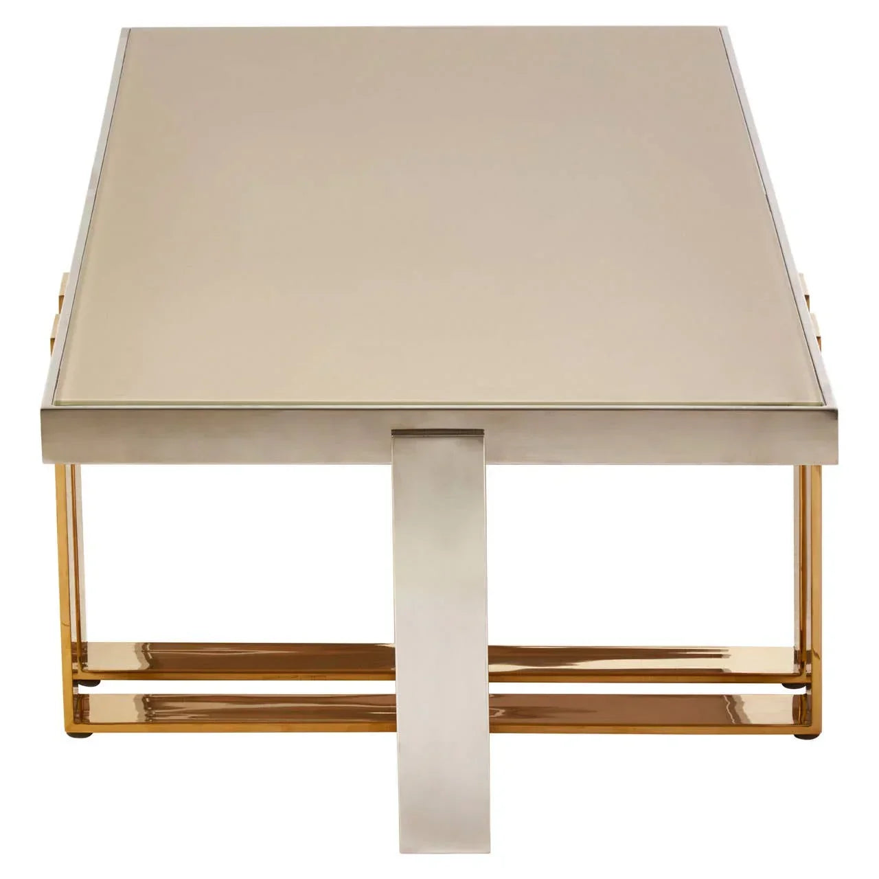 Rectangular coffee table with gold metal base and beige tabletop, front view