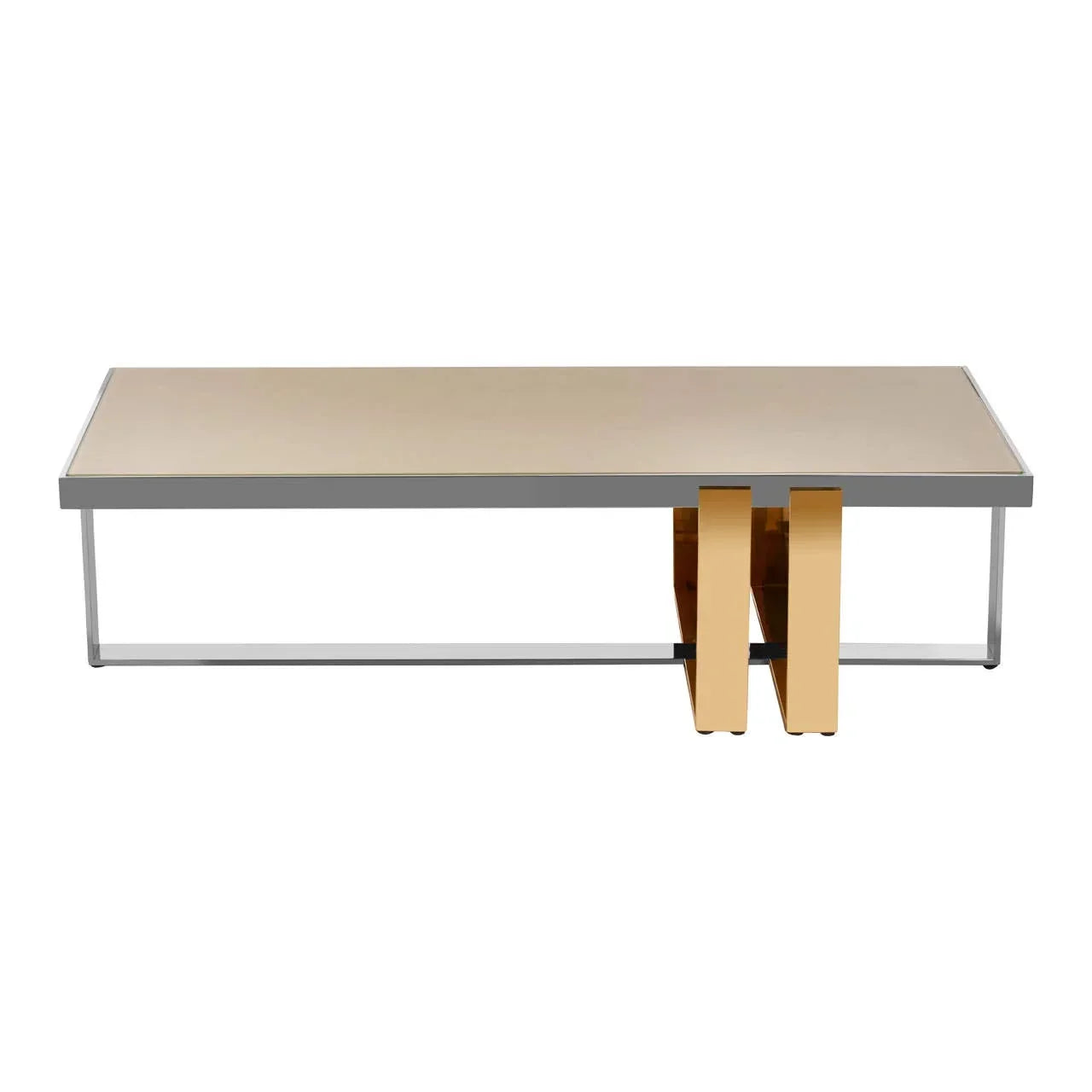 Modern coffee table with beige top, chrome frame and gold metal legs, front view