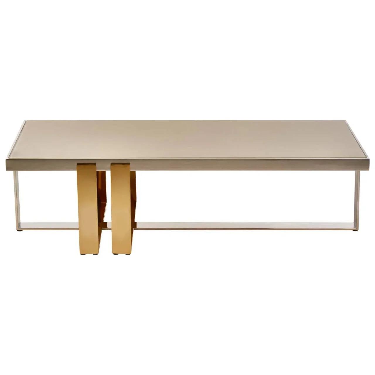 Rectangular coffee table with beige top and gold metal legs, modern living room furniture