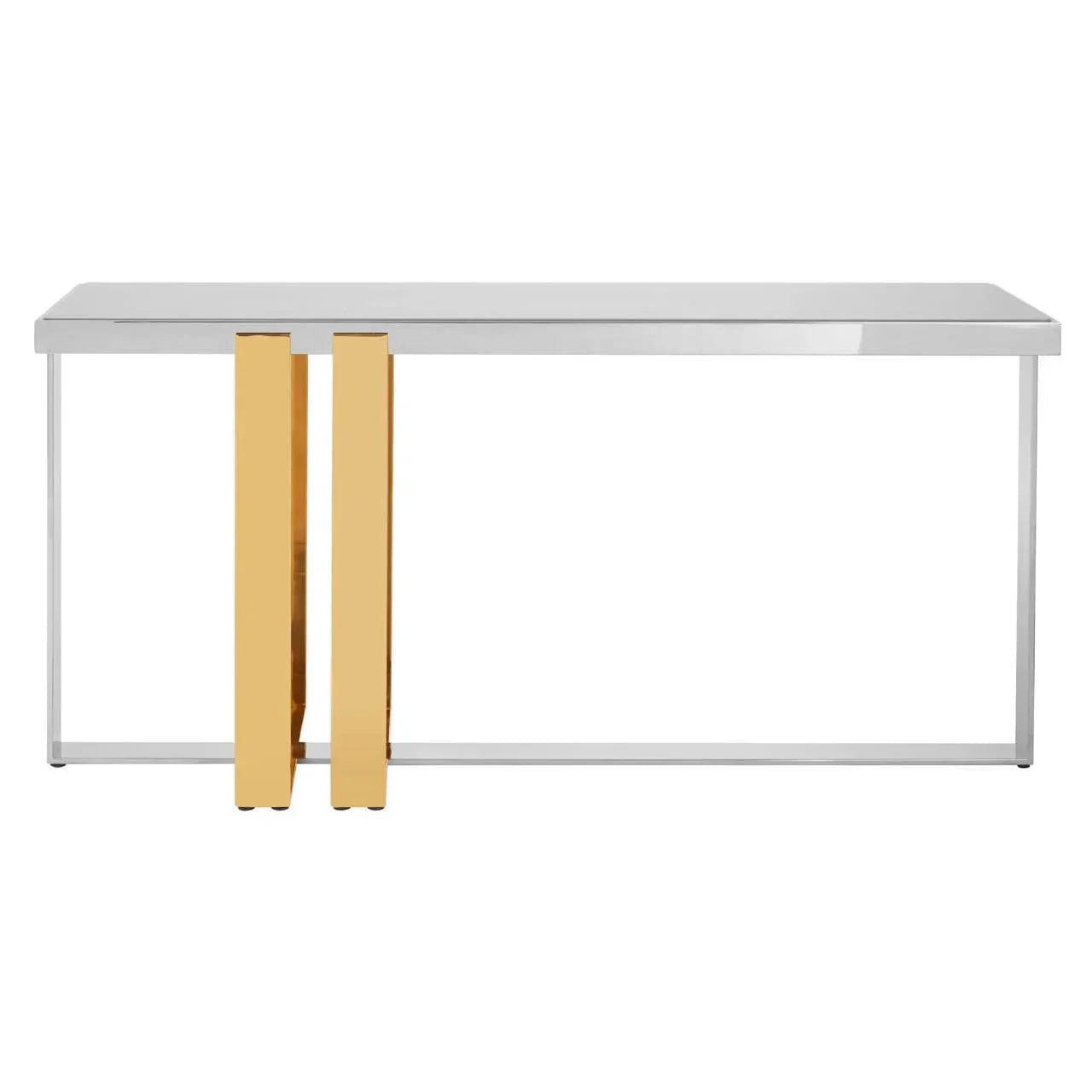 Modern console table with white top, chrome frame, and gold accent legs, front view
