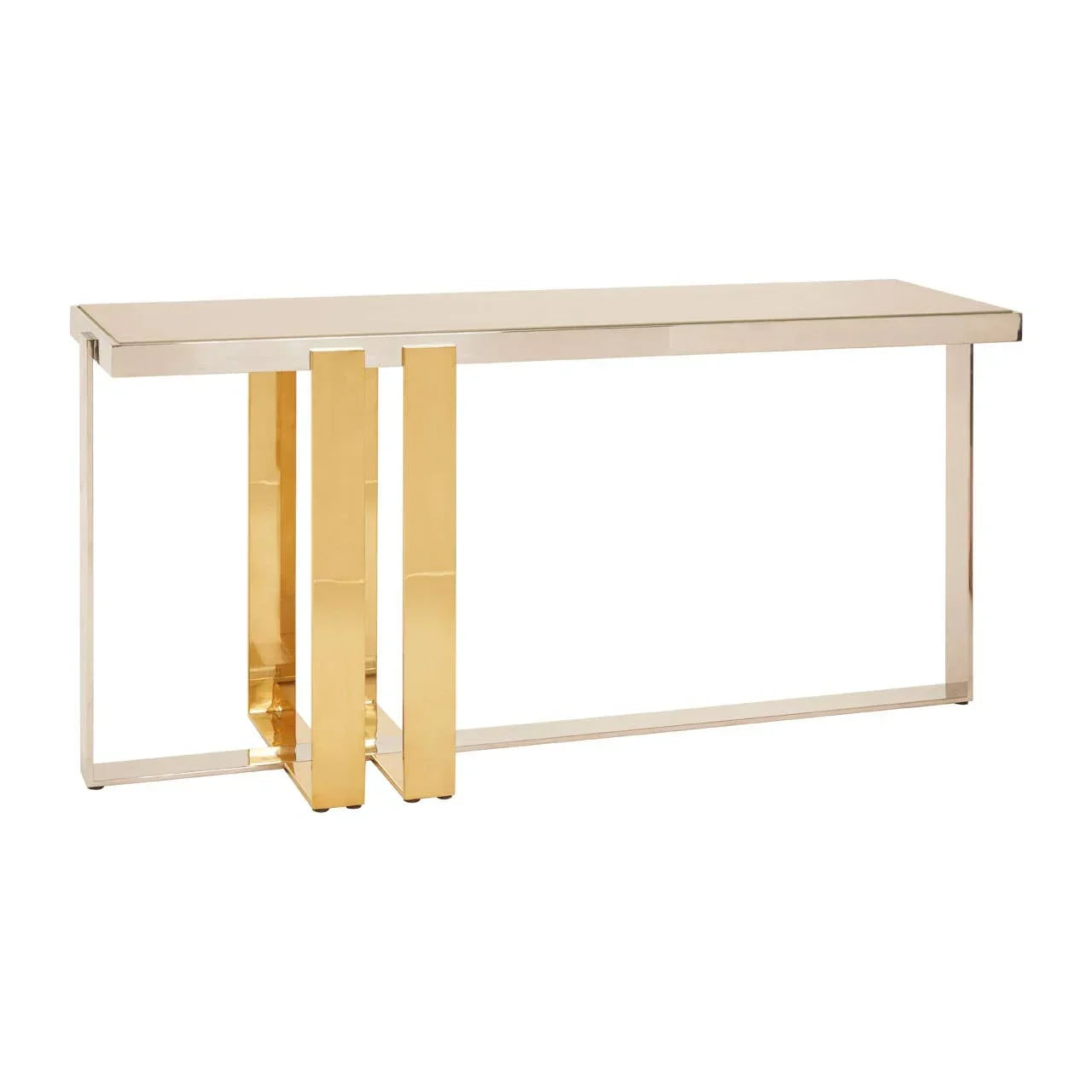 Gold and glass console table with modern rectangular design and metallic legs