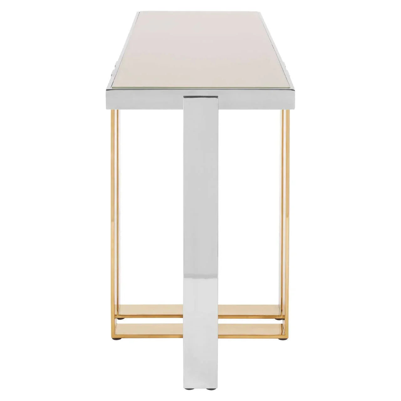 Glass console table with gold and chrome metal legs, viewed from the end