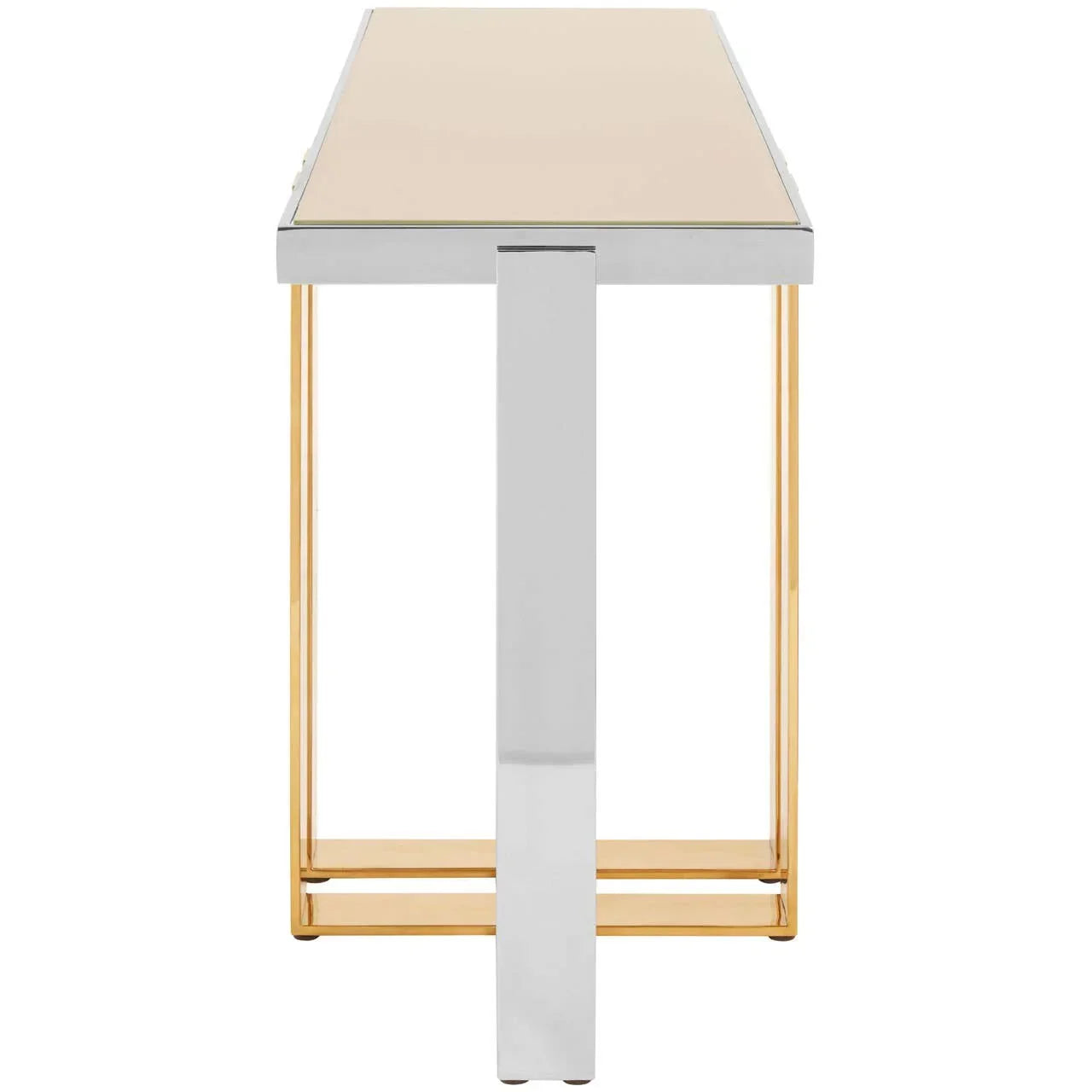 Gold and chrome console table with glass top, straight on side view