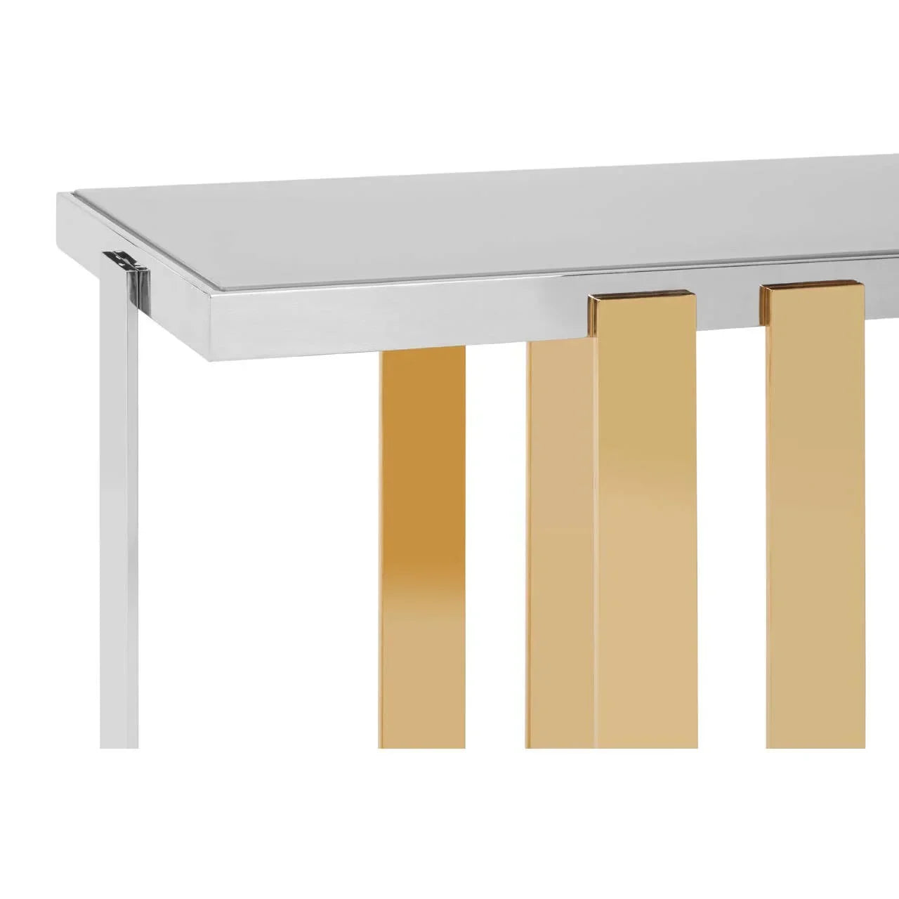 Glass console table with chrome top and gold metal legs, close-up of modern design