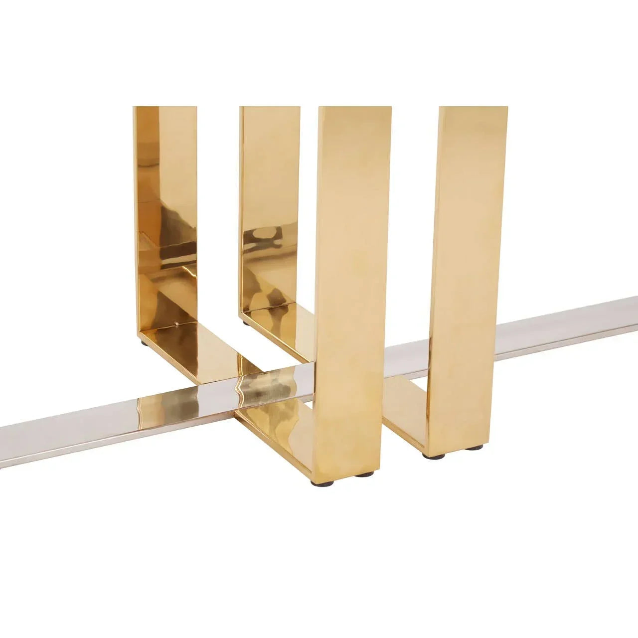 Gold metal coffee table base with rectangular legs and chrome crossbar detail