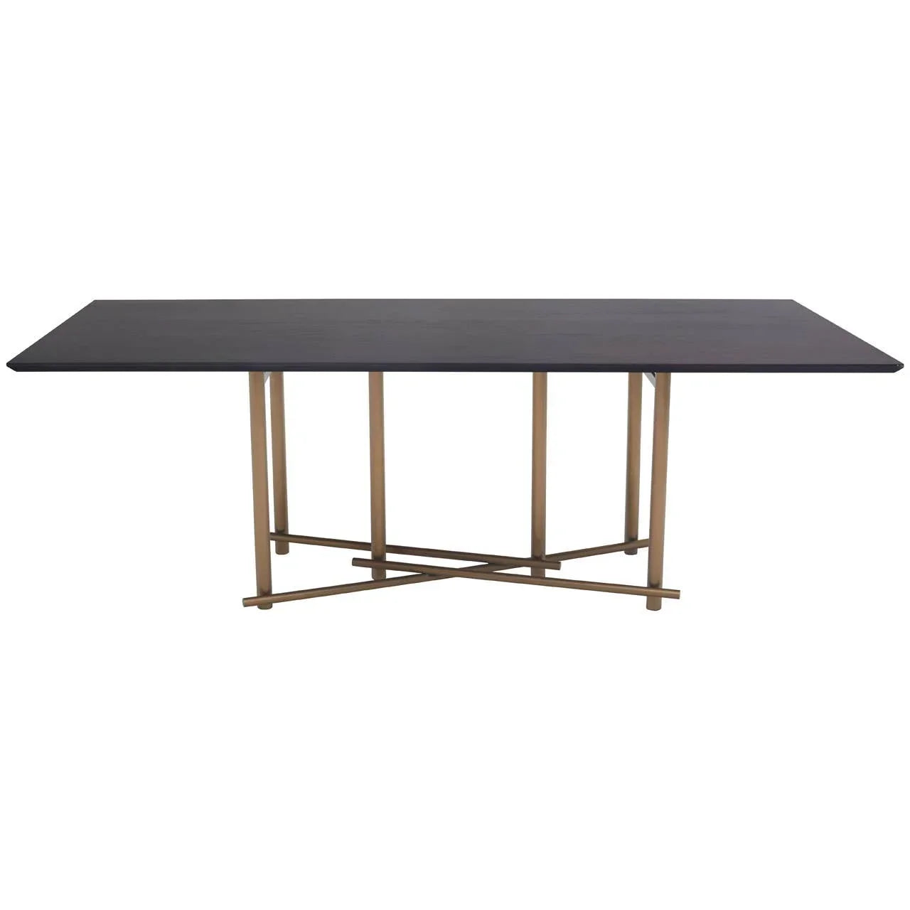 Rectangular dining table with black top and gold metal crossed legs, front view