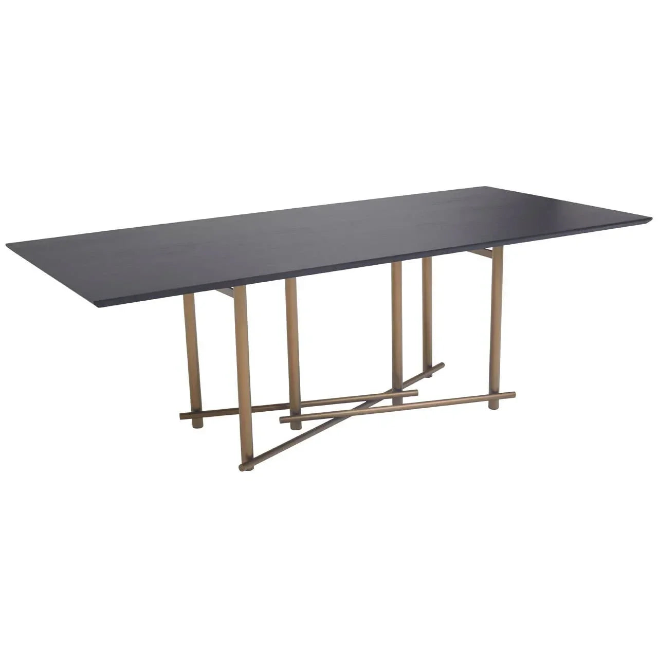 Rectangular dining table with black top and gold metal legs, modern minimalist design