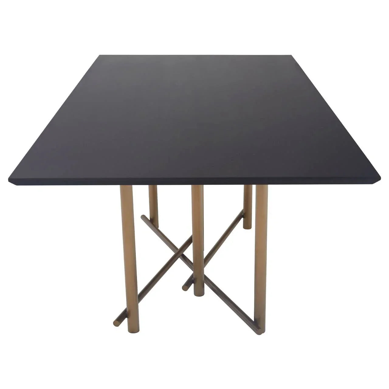 Square dining table with black top and gold metal cross legs, front angle view