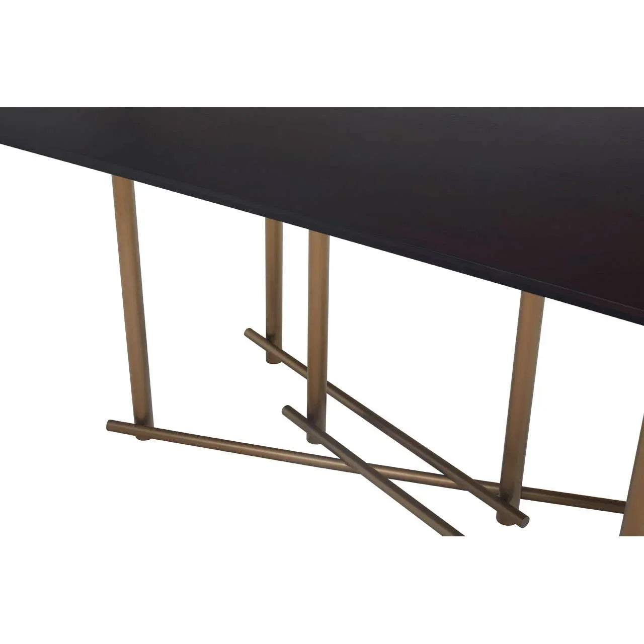 Modern dining table with dark wood top and gold metal legs in geometric design