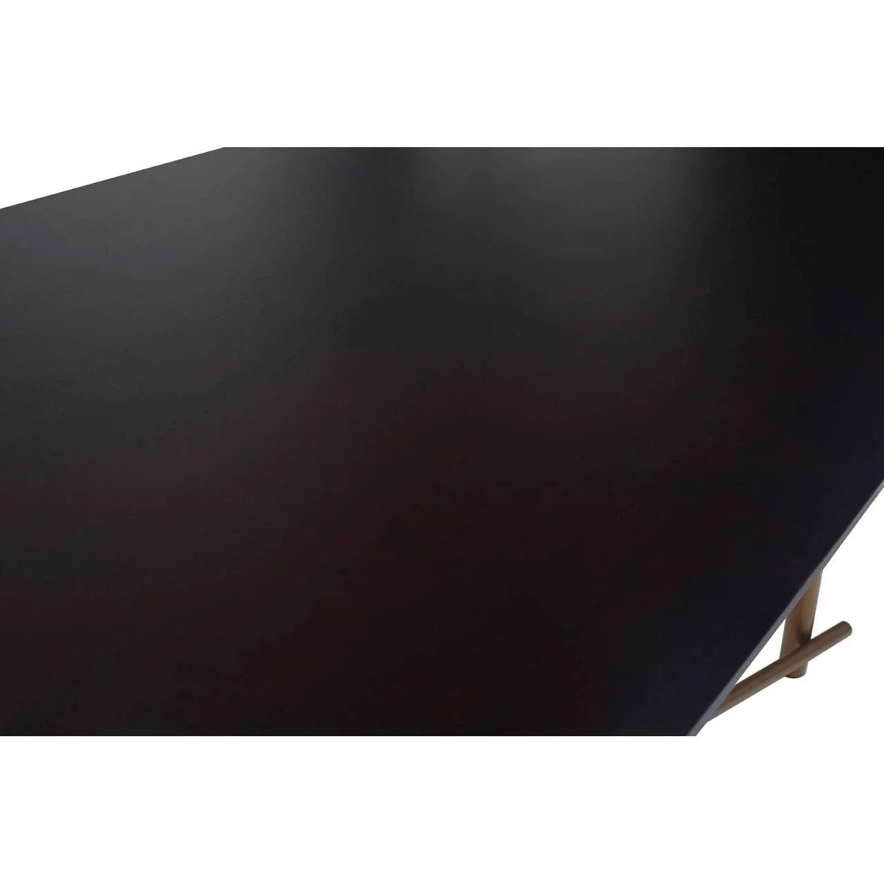 Dark wood dining table top with angled light brown wooden leg visible