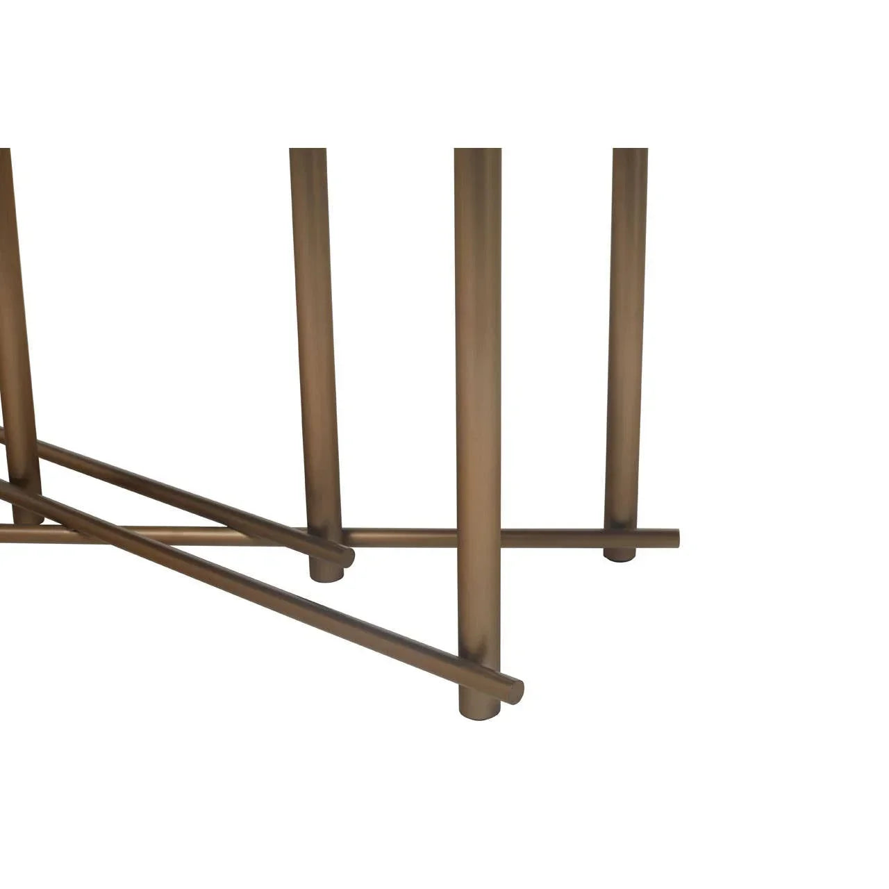 Closeup of bronze metal table legs with crossbar supports for dining furniture
