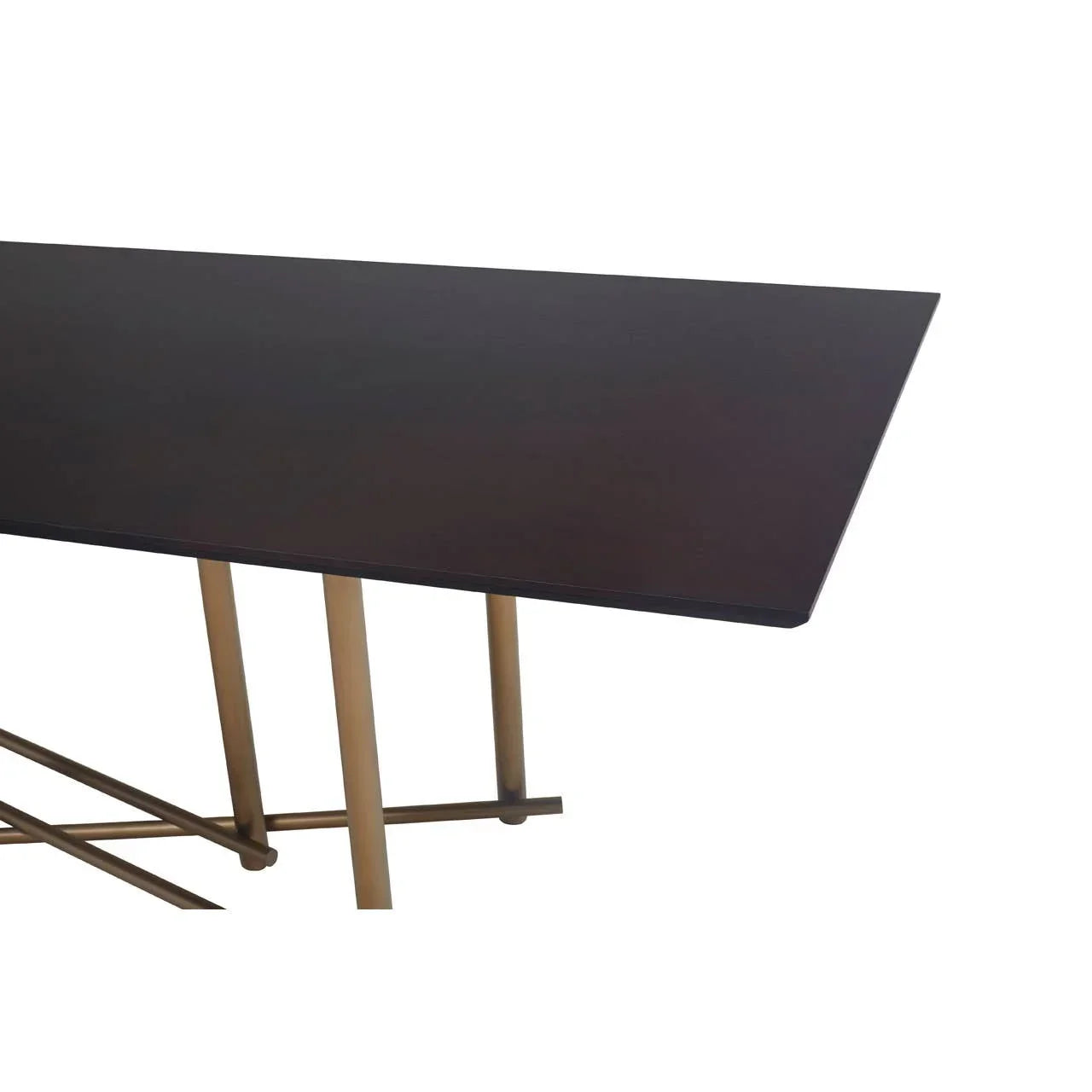 Rectangular dark wood dining table top with gold metal legs, modern furniture close view