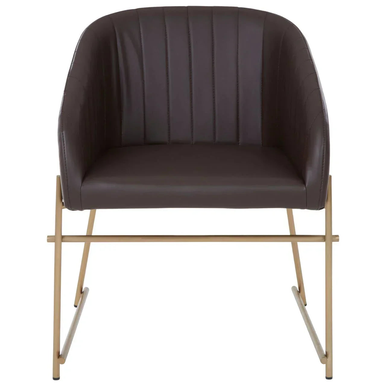 Brown leather dining chair with gold metal frame and vertical stitched lines, front view