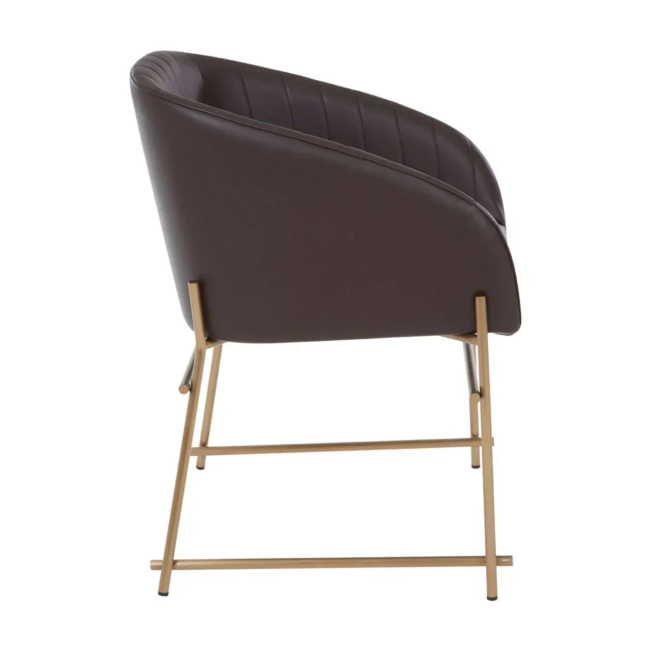 Brown accent chair with gold metal legs, angled back view, modern upholstered seat