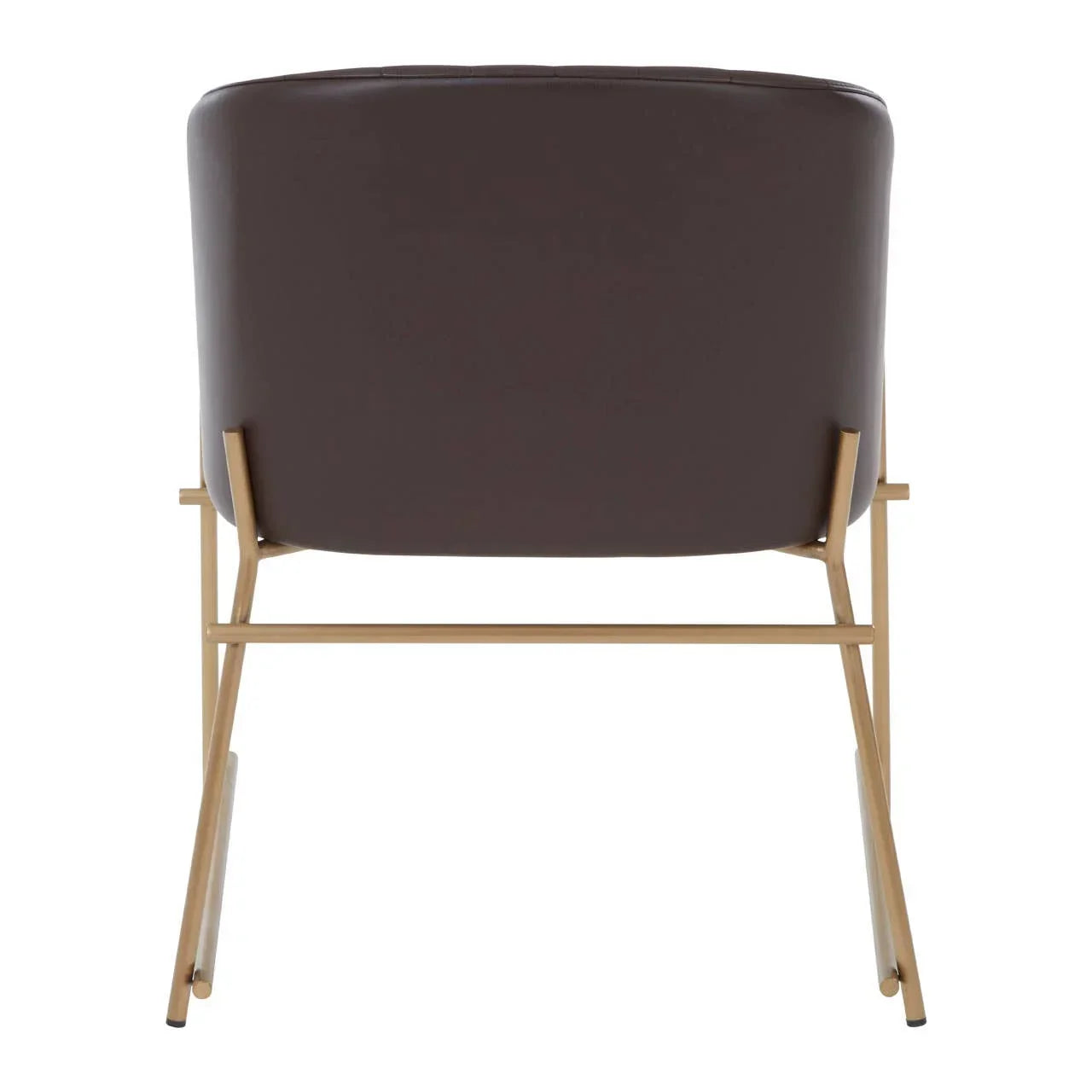 Back view of brown accent chair with gold metal frame and contemporary design