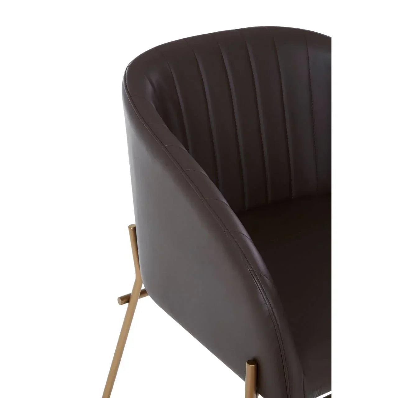 Brown leather dining chair with gold metal legs and curved backrest, close angle