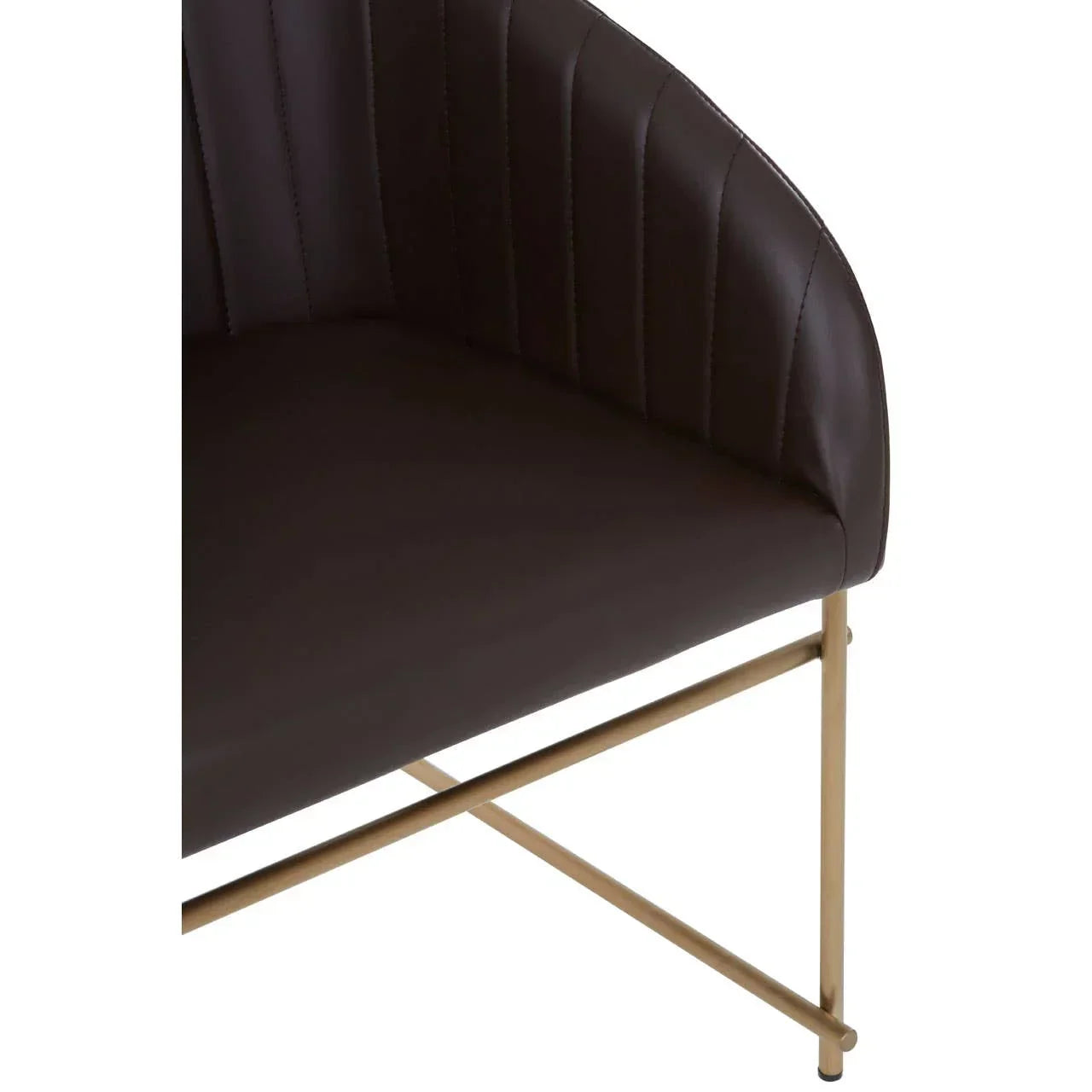 Close-up of brown leather accent chair with gold metal frame and stitched backrest