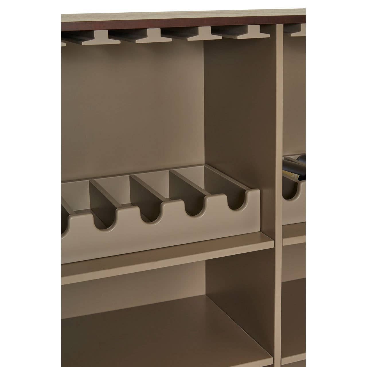 Walnut veneer drinks cabinet featuring multiple wine bottle slots and hanging glass holders, with a sleek and modern design. The interior is spacious, showcasing a neutral color palette that complements the wood finish