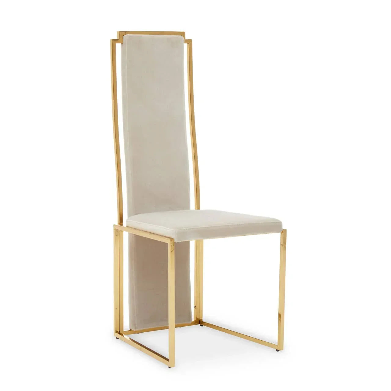Modern dining chair with gold metal frame and cream upholstered seat and tall backrest
