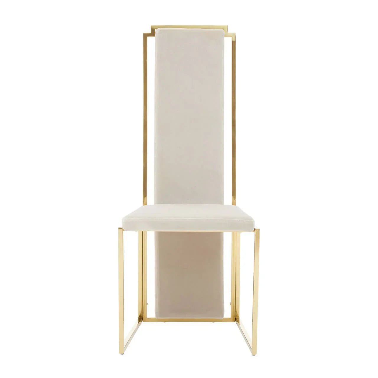 White velvet dining chair with tall back and gold metal frame, front view