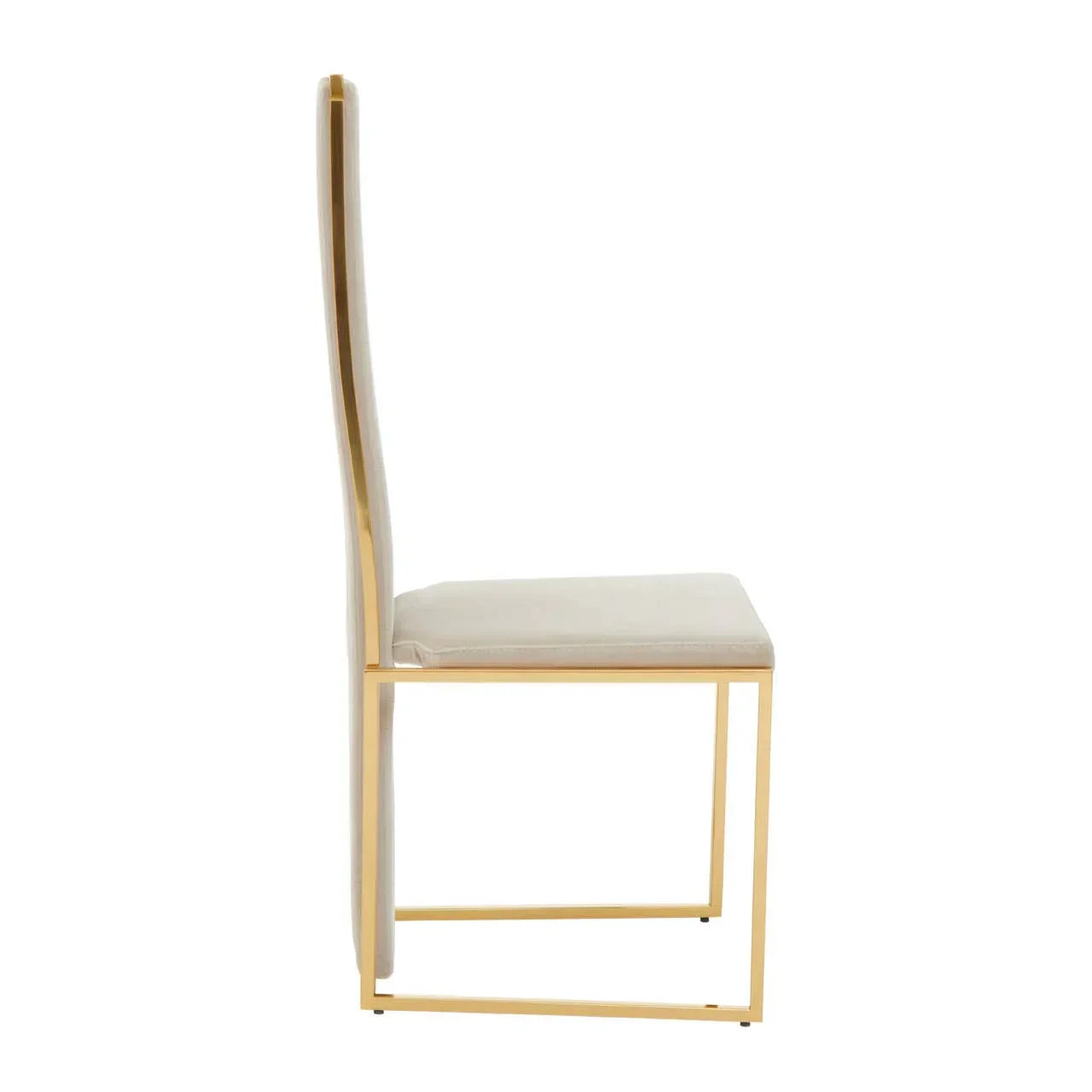 Side view of modern dining chair with cream upholstery and gold metal frame