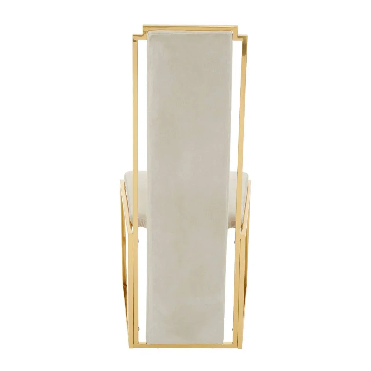 Modern dining chair with gold metal frame and cream upholstered backrest, rear view