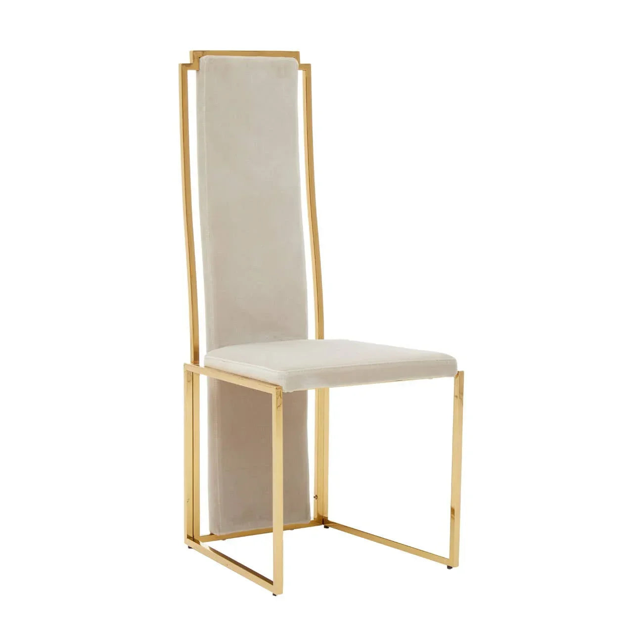 Cream velvet dining chair with gold metal frame and high backrest, side angle view