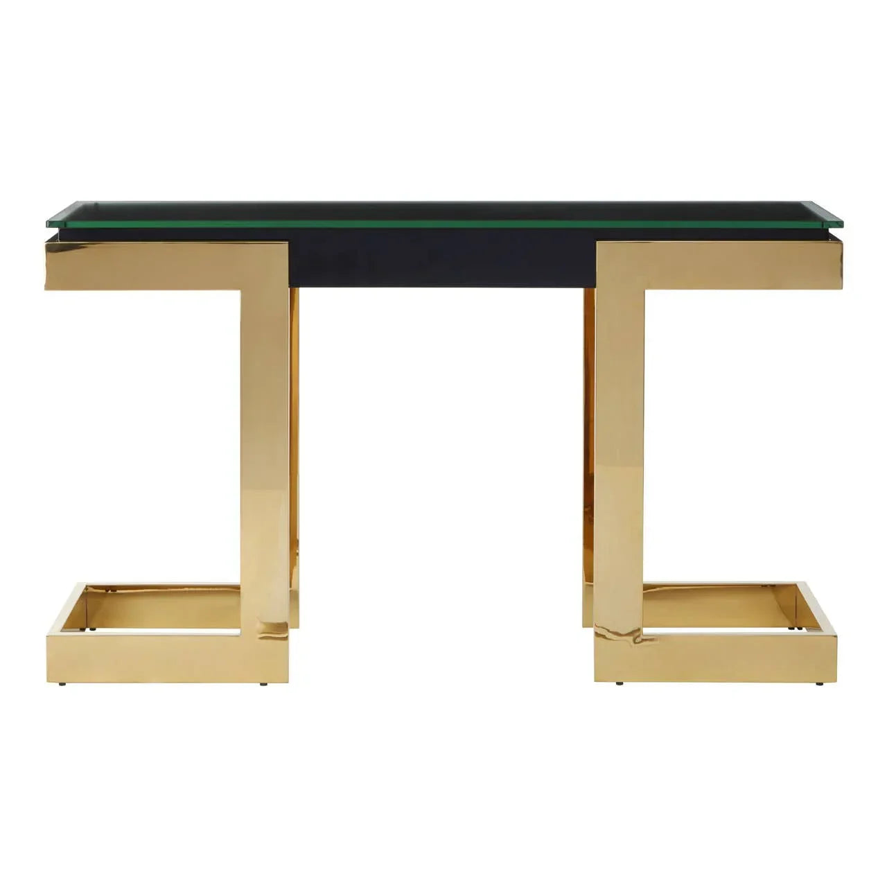 Gold metal console table with black glass top and modern geometric base, front view