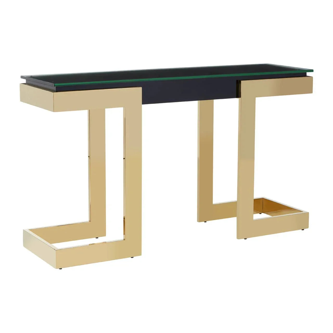 Glass console table with black top and gold metal geometric legs