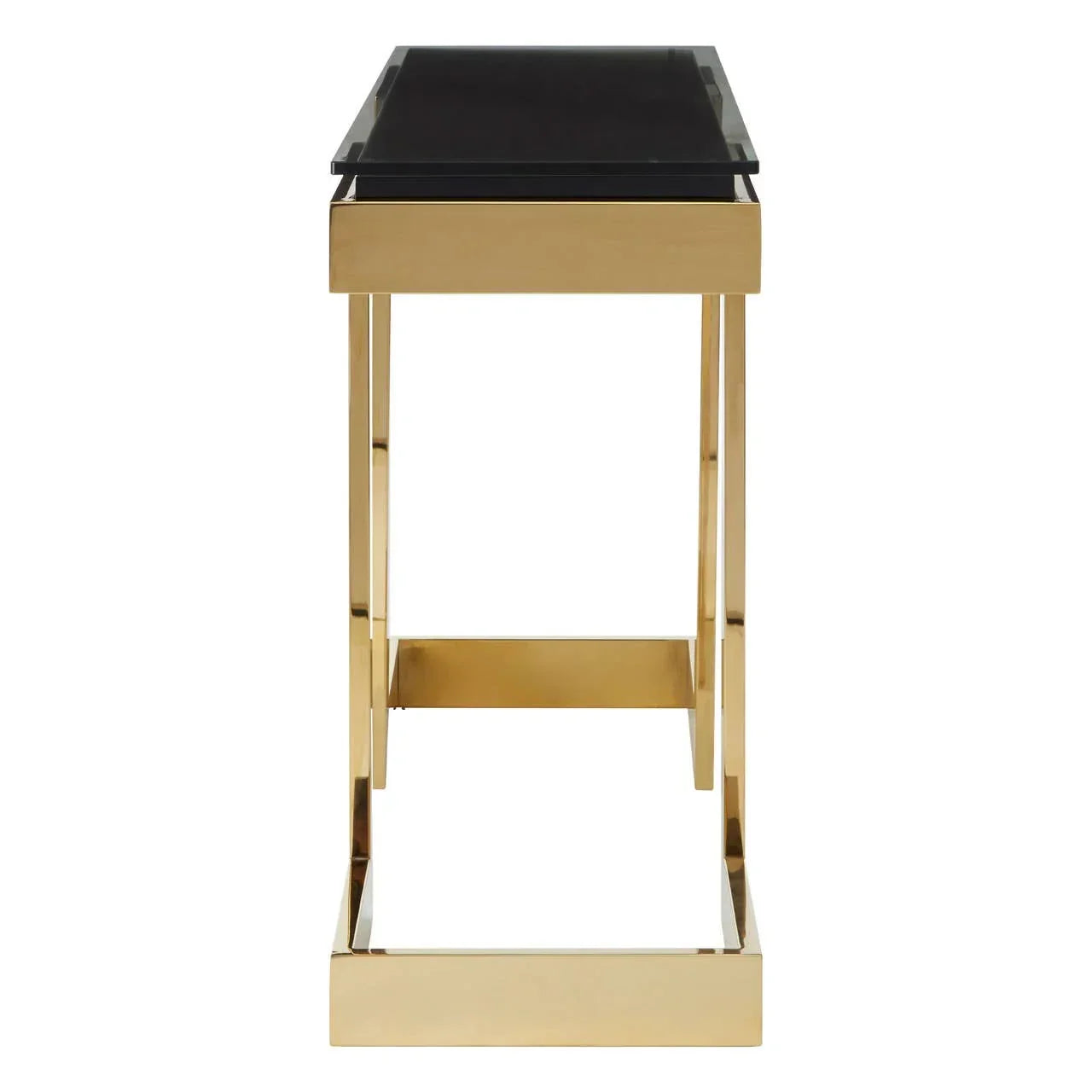 Gold console table with black glass top, side profile view highlighting sleek metal frame