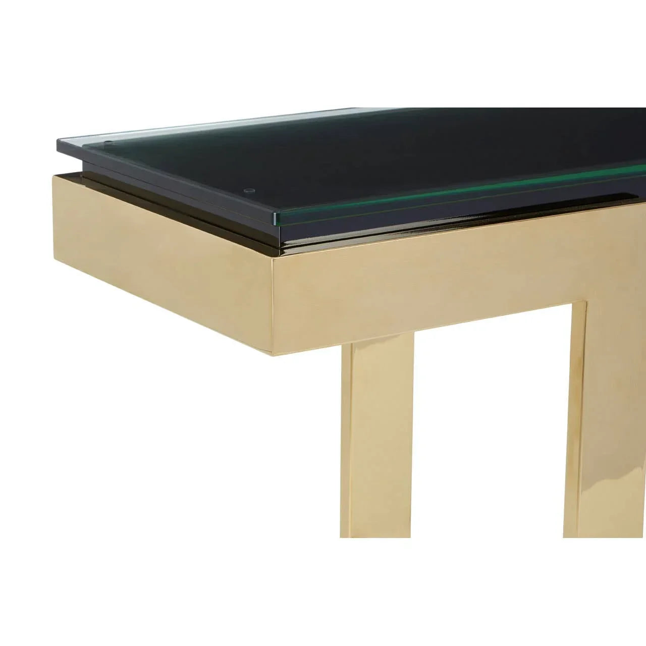 Modern console table with gold metal frame and black glass top, close-up of corner detail