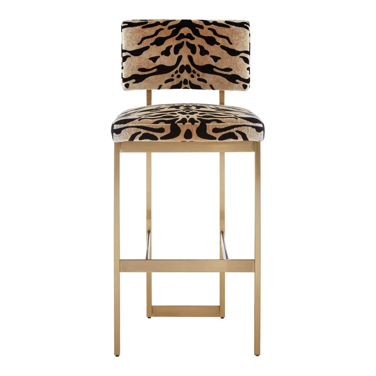 Tiger print bar stool with gold metal legs and upholstered seat and backrest