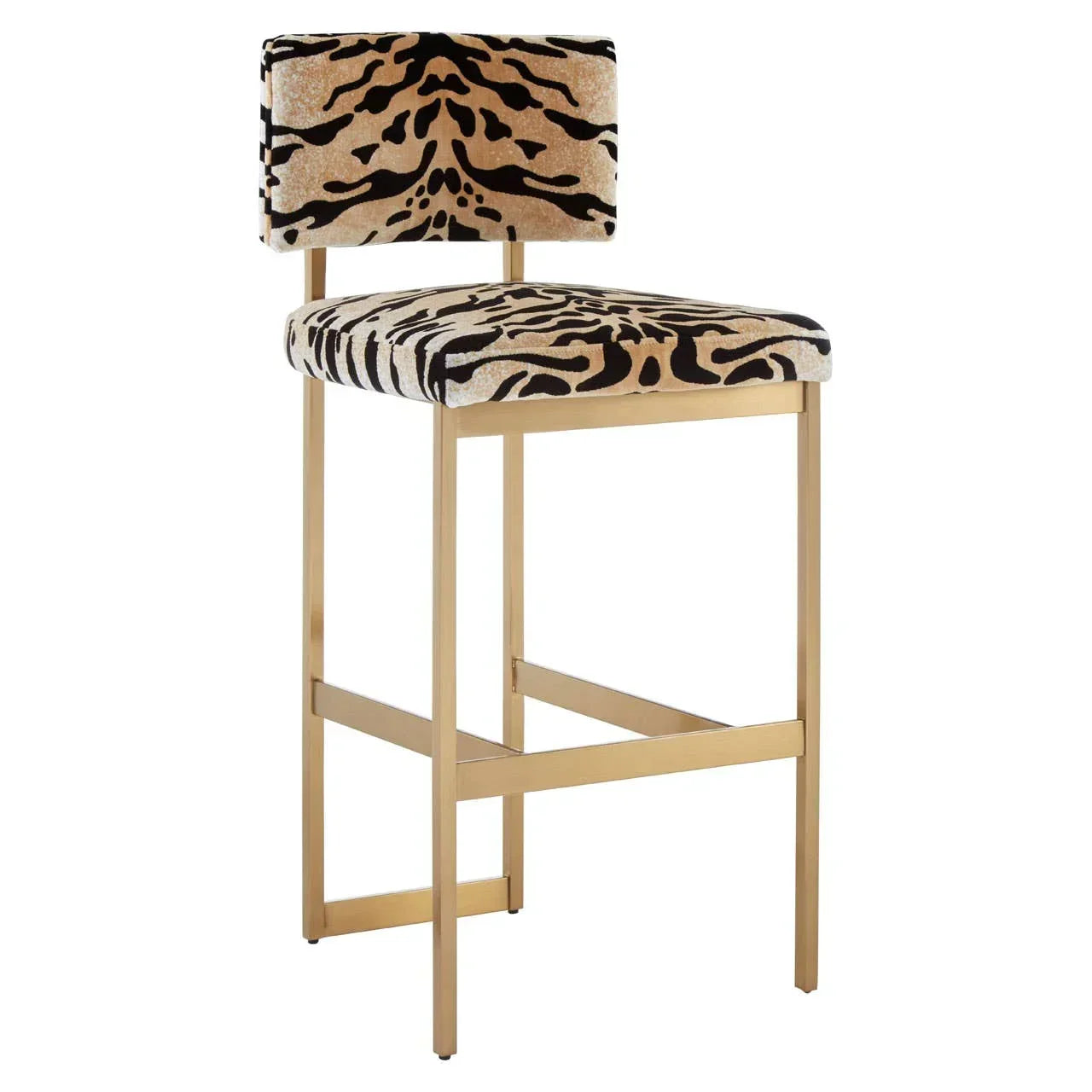 Upholstered bar stool with gold metal frame and animal print seat and backrest