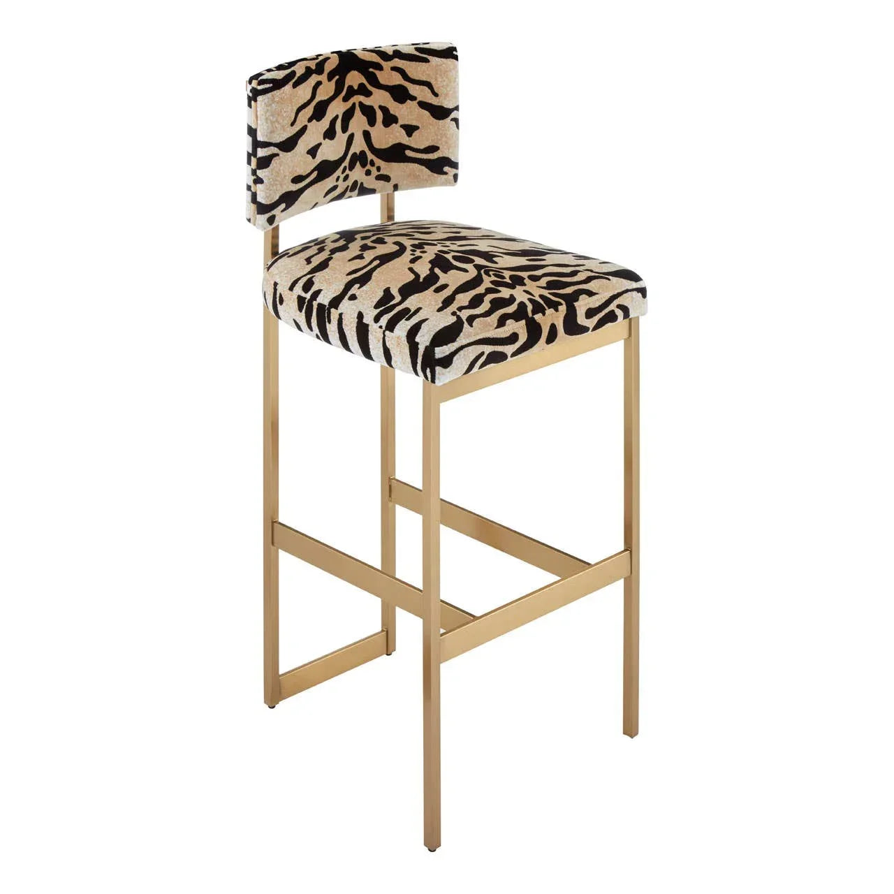 Gold metal bar stool with tiger print fabric seat and backrest, angled side view