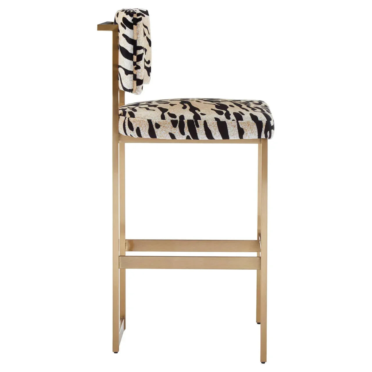 Modern bar stool with gold metal frame and patterned fabric seat, side profile view