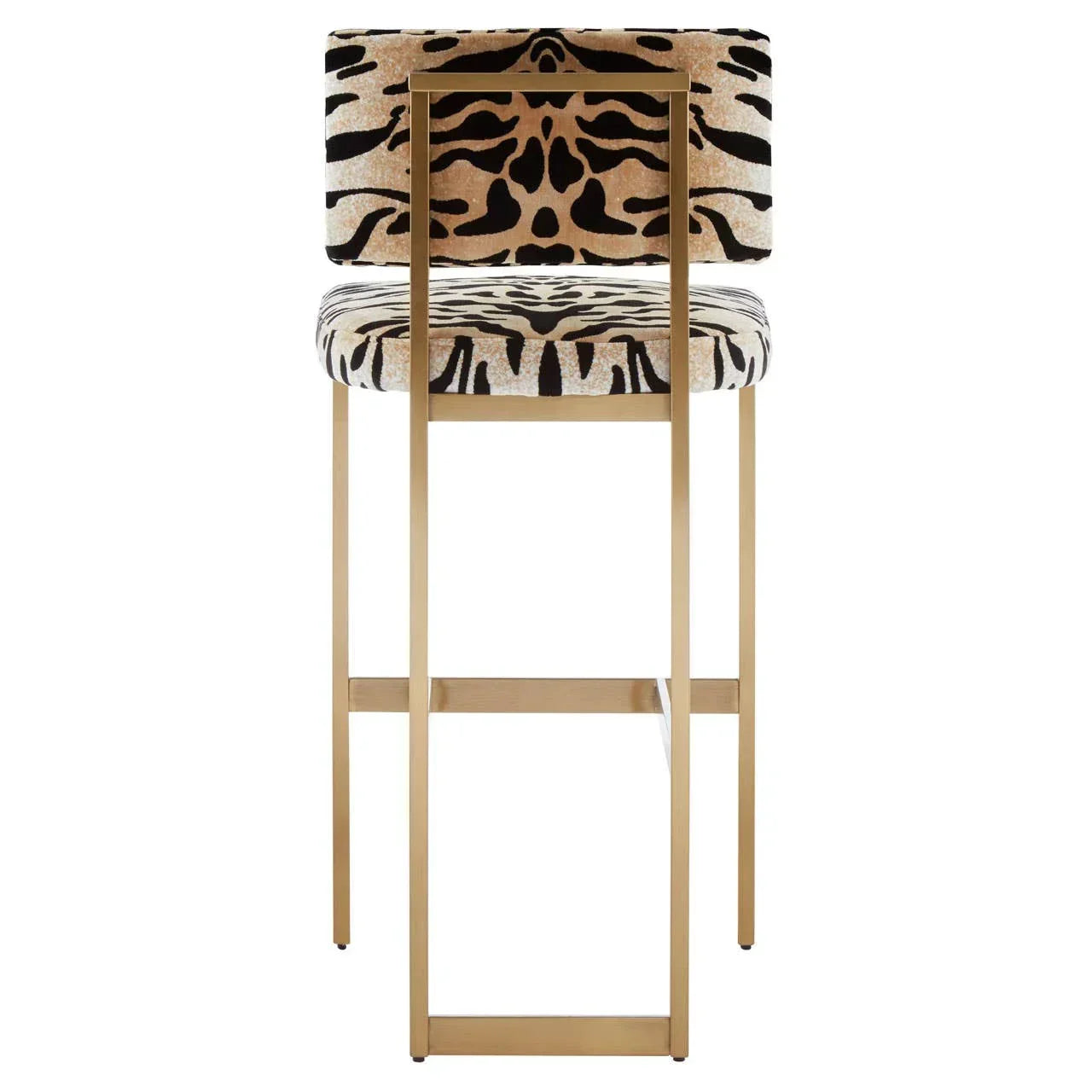 Tiger print bar stool with gold metal legs, shown from the back