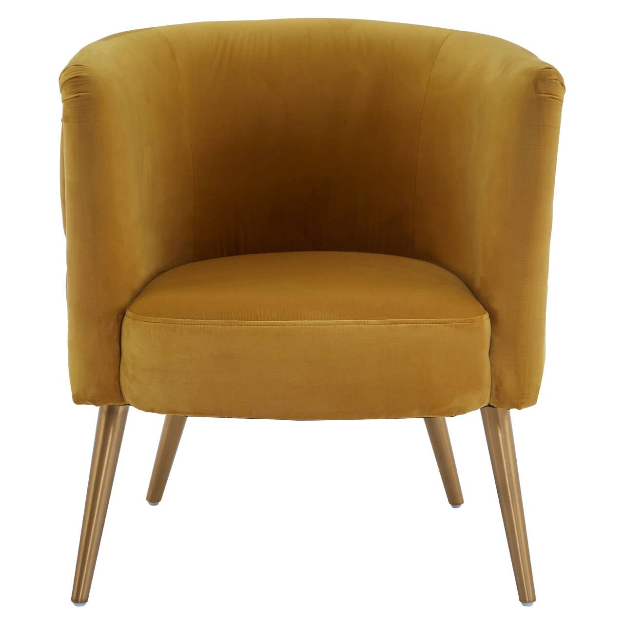 Mustard yellow velvet accent chair with curved backrest and slim gold legs, front view