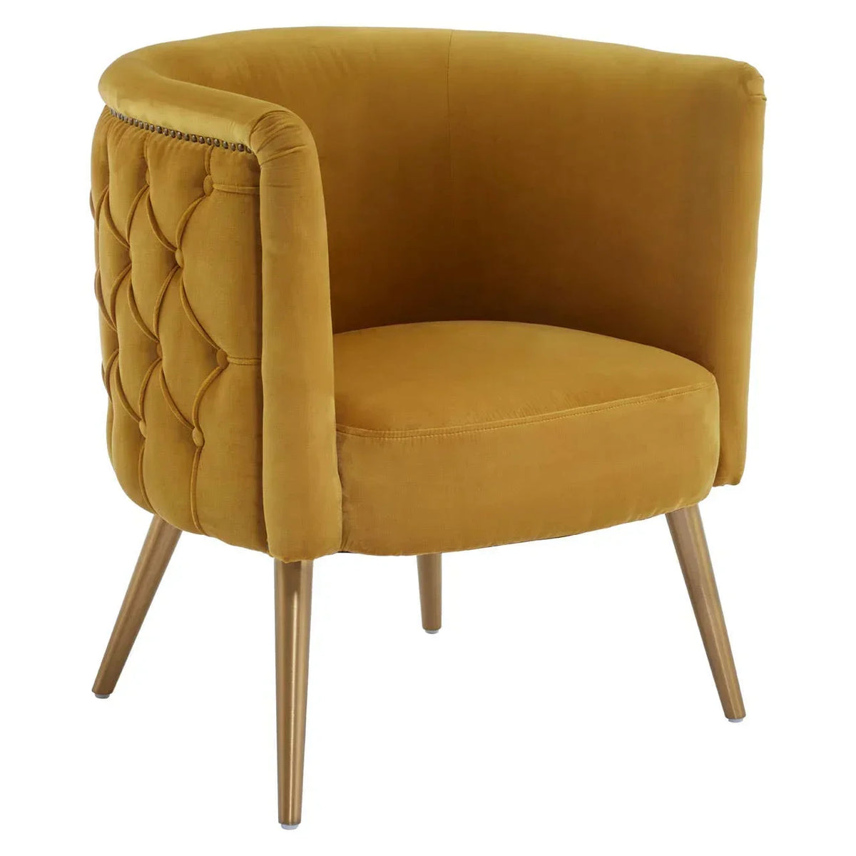 Mustard velvet accent chair with tufted backrest and gold metal legs