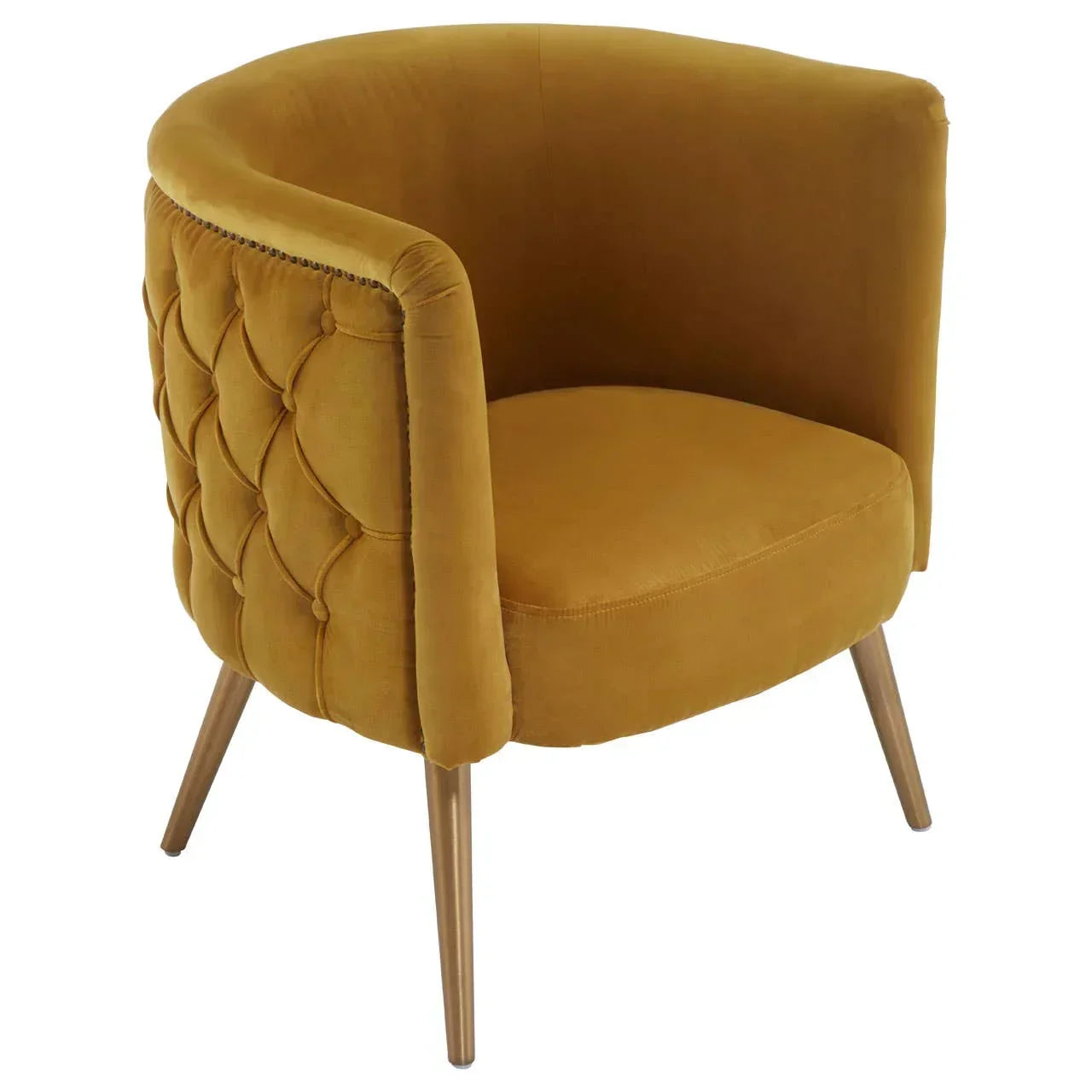 Mustard yellow velvet accent chair with tufted back and wooden legs, angled view