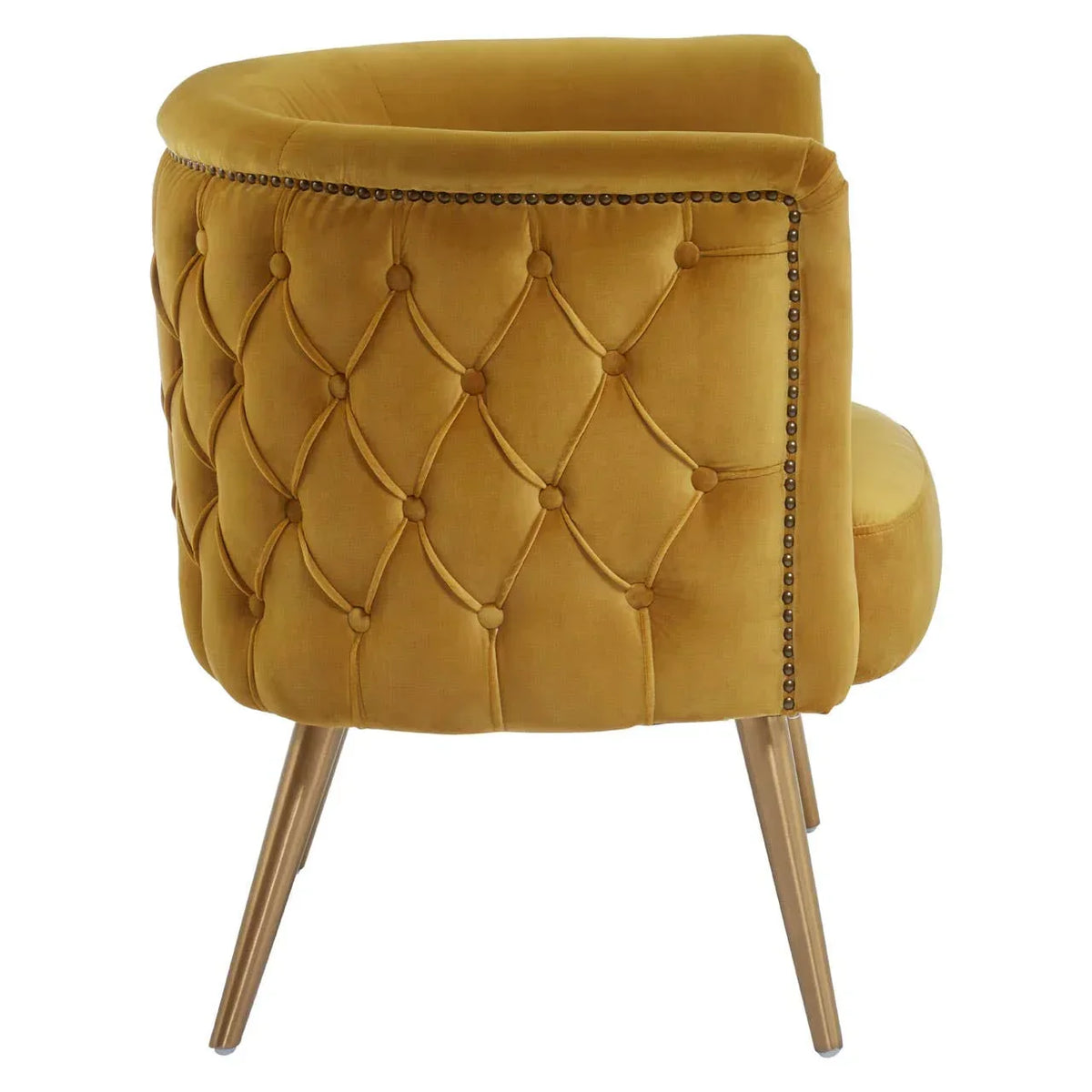 Mustard velvet accent chair with tufted backrest and gold legs, rear angle view