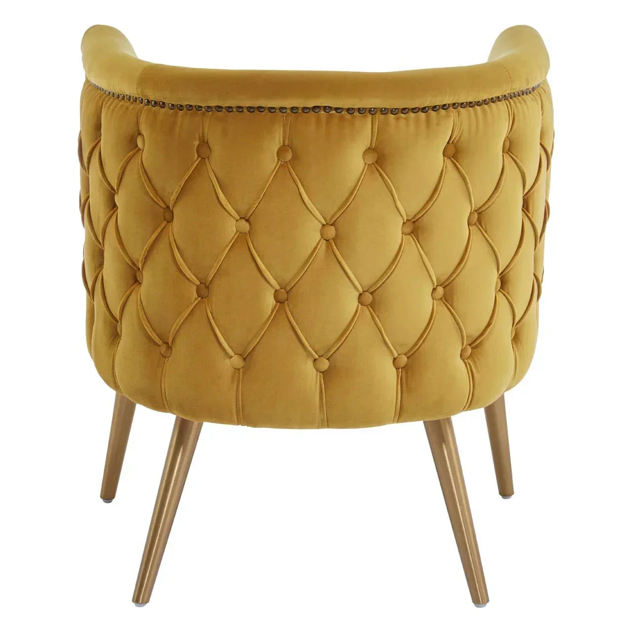 Mustard yellow velvet accent chair with tufted backrest and gold metal legs, rear view