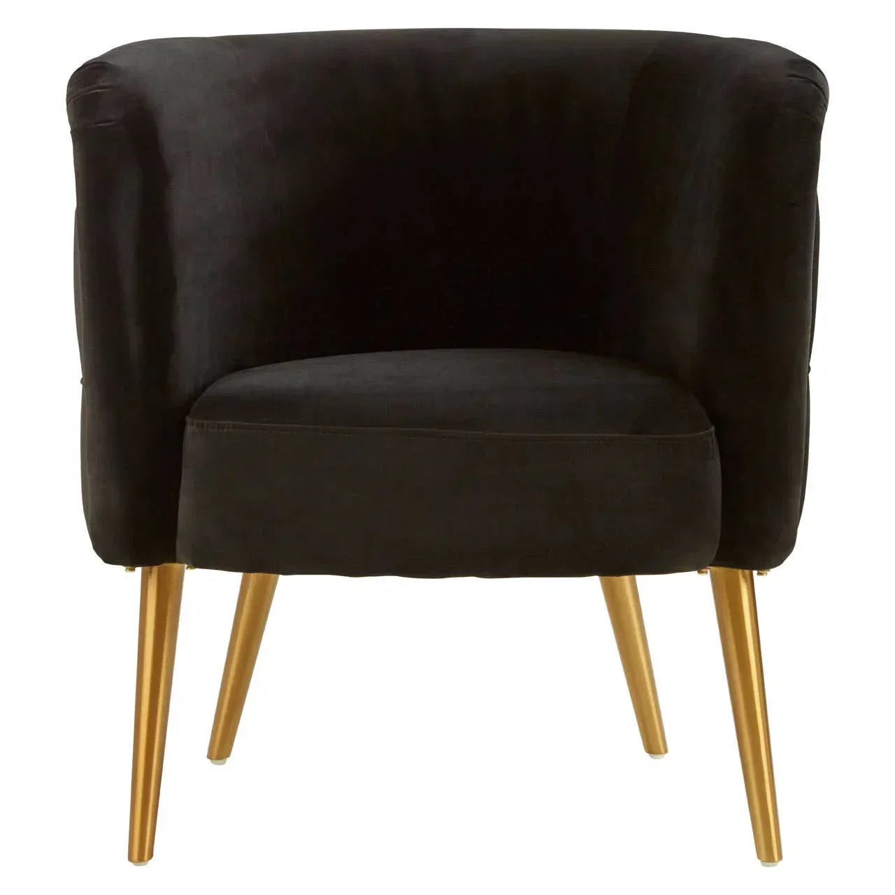 Black velvet accent chair with gold legs, front view