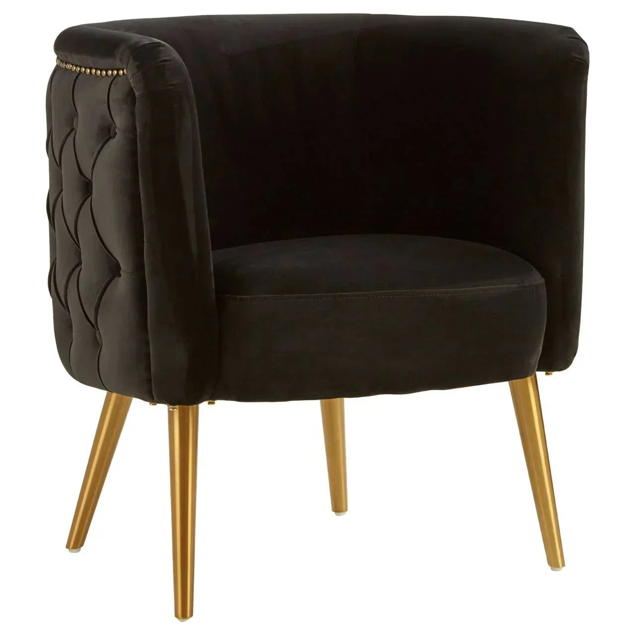 Black velvet accent chair with gold metal legs and tufted backrest