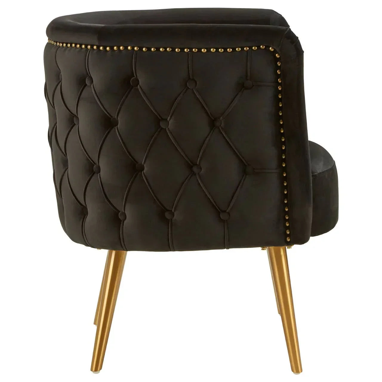 Black accent chair with tufted backrest, gold stud trim, and gold metal legs